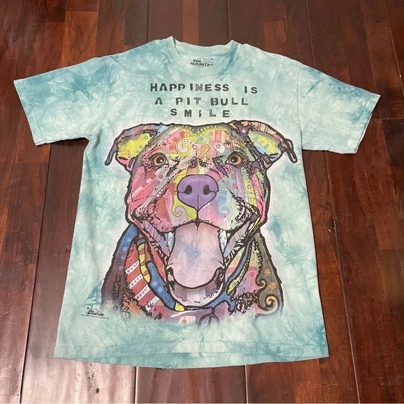 The Mountain Other - The Mountain Shirt Medium Blue Tie Dye Pit Bull Smile Short Sleeve
